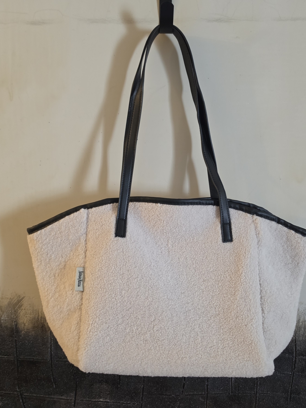 Neiman Marcus Sherpa Tote Bag with Black Trim - Cream Shoulder Bag